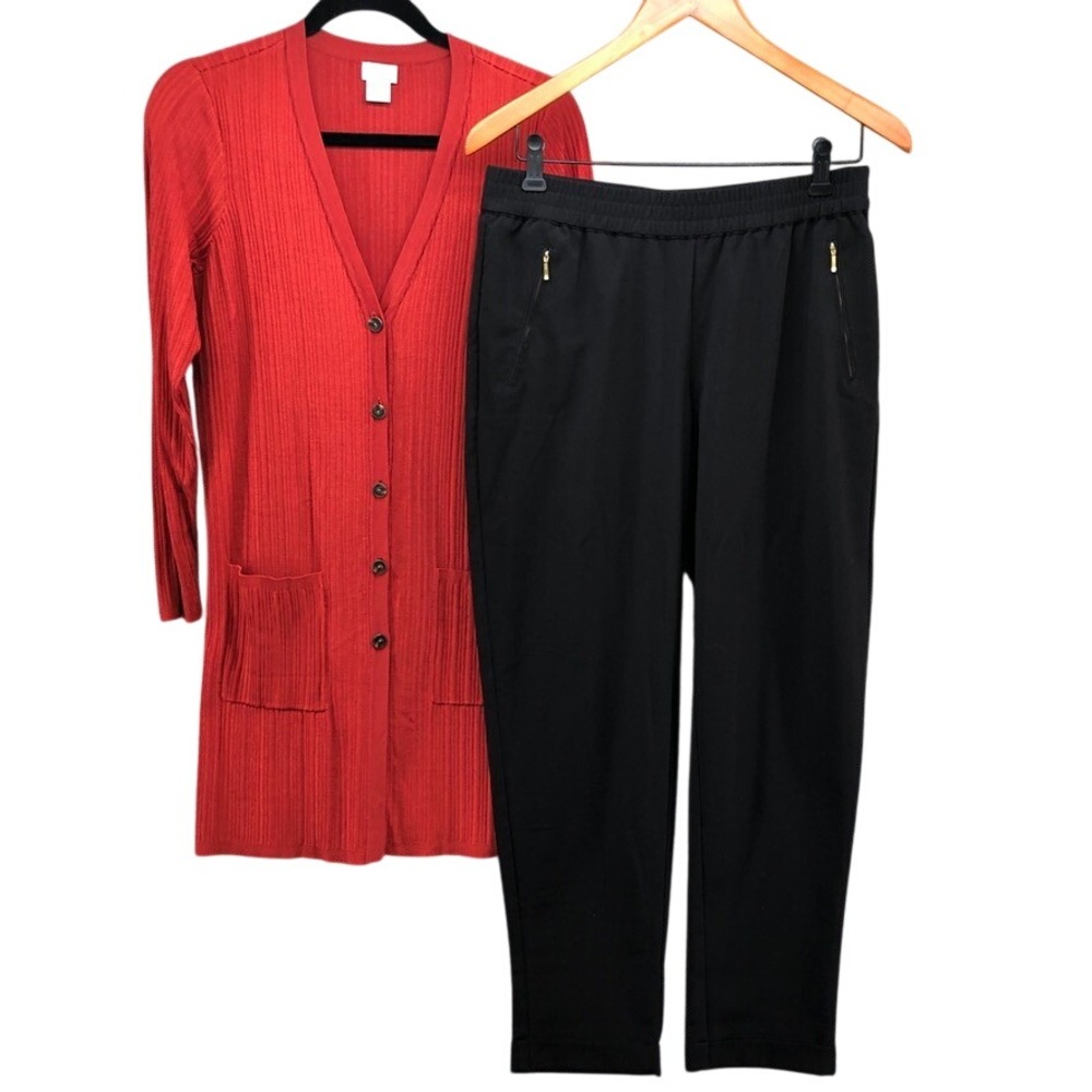Chico's Cardigan Pants Set Womens S Red Black Ribbed Knit Tapered Professional